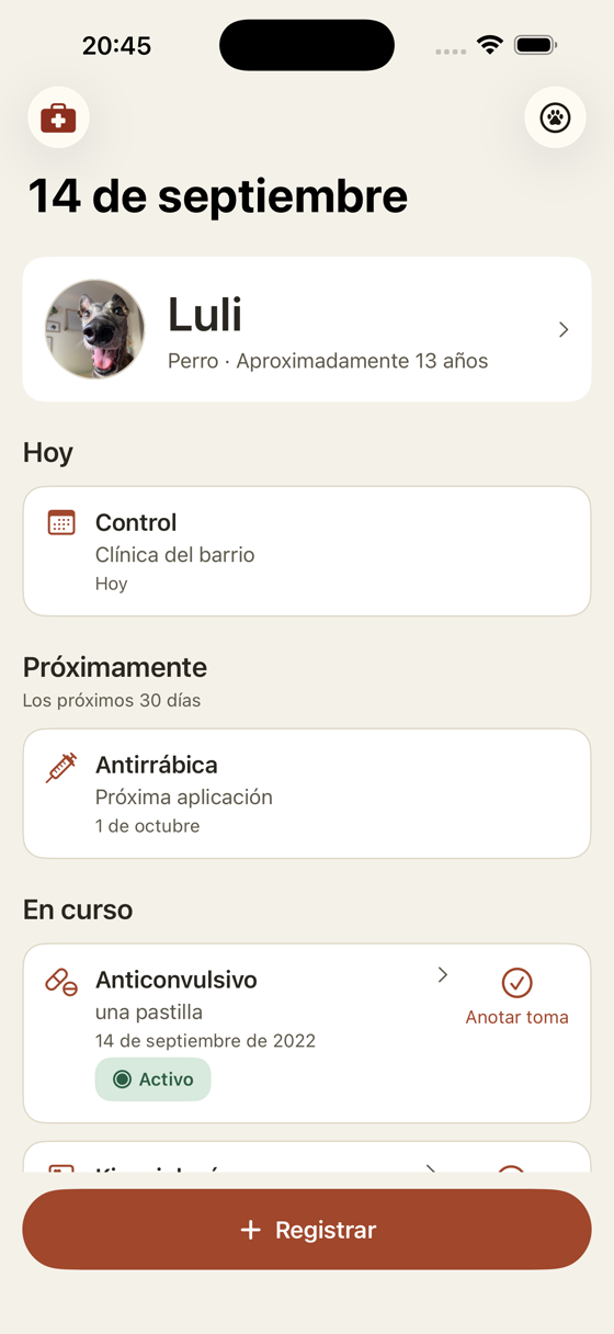 La pantalla principal con una galga: un turno hoy a las cinco, la vacuna que viene y su medicación en curso.